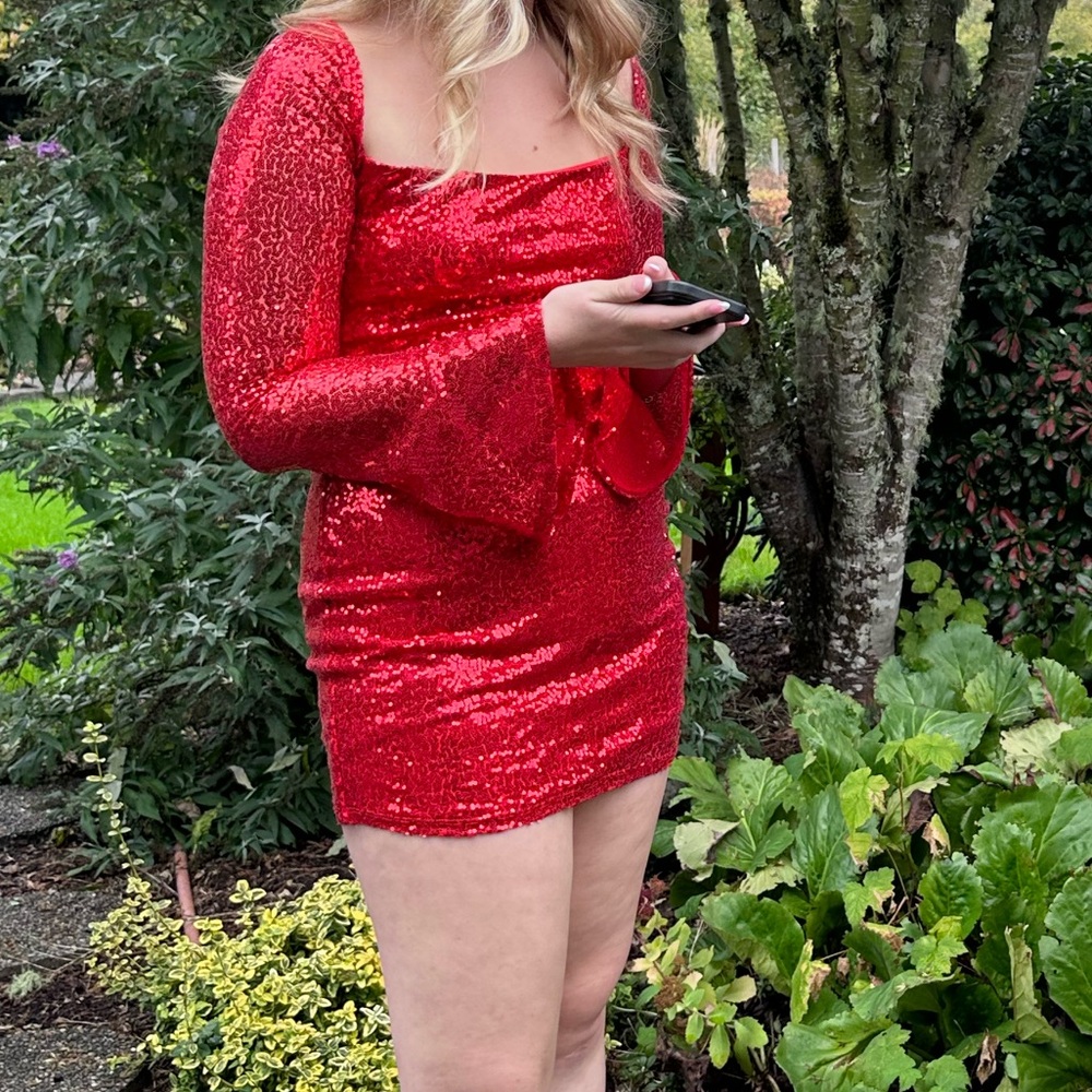 Red long sleeve sequence dress sz L - Picture 4 of 6